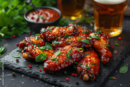 Spicy chicken wings with a side of ice-cold beer. AI generated.