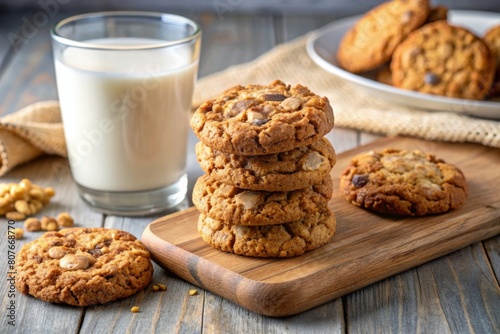 Freshly baked oatmeal cookies with a glass of milk