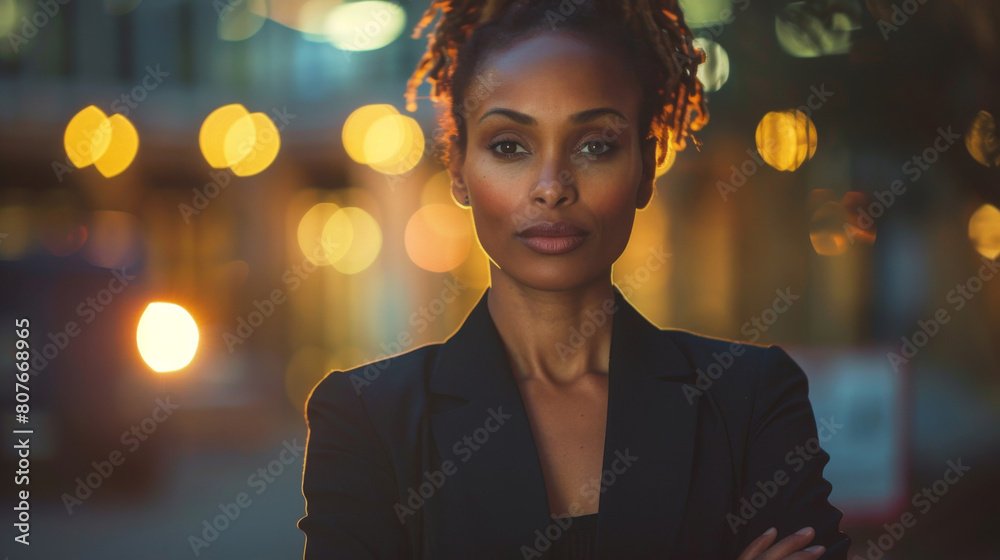 Obraz premium Portrait of successful African American female in business attire, arms crossed, confident expression. Successful. Achievement. Goals. Room for copy space. 