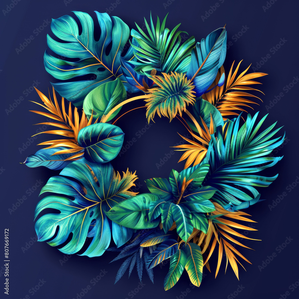 Naklejka premium Tropical Leaf Wreath in Metallic Colors on Blue Background