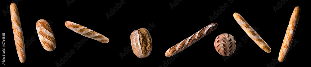 Set of fresh baked bread and French rye baguette isolated on black background Set of fresh baked bread and French rye baguette isolated on black background