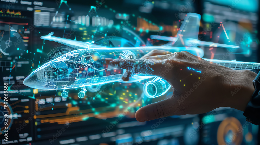 An engineer works on a new aircraft design using augmented reality. An engineer works on a new aircraft design using augmented reality.