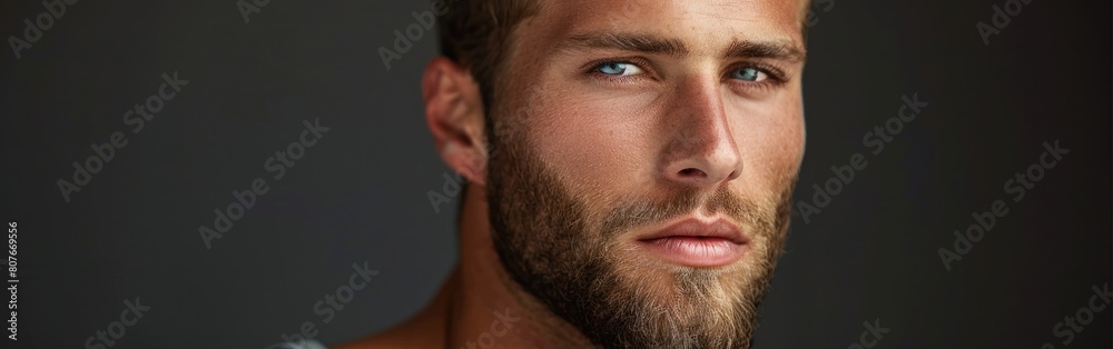 A detailed close up of a man with a full beard, showcasing his facial features and rugged appearance A detailed close up of a man with a full beard, showcasing his facial features and rugged appearance