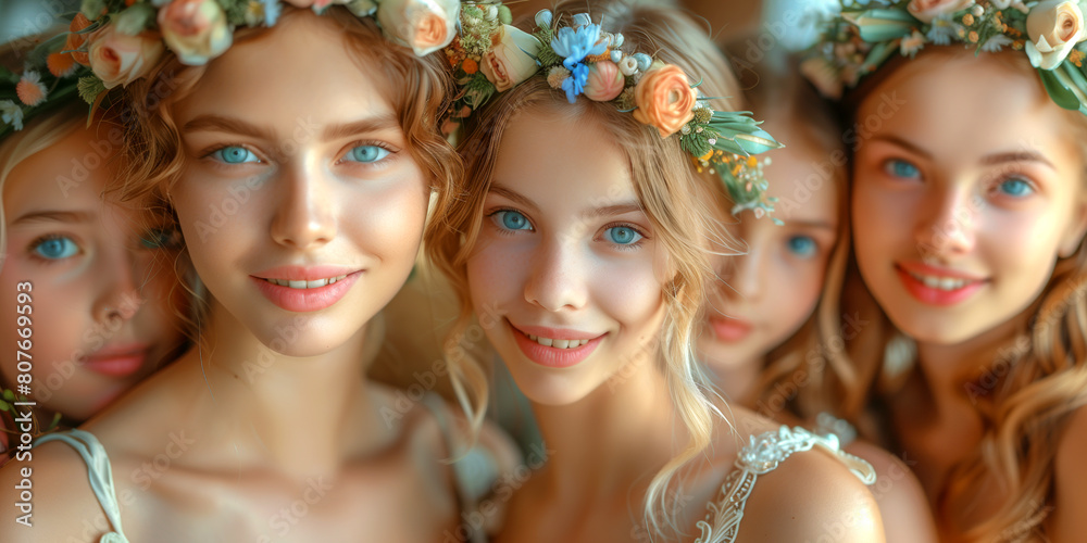 Obraz premium A group of young women are wearing flower crowns and smiling for the camera