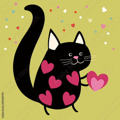 Funny cute cat in love with pink hearts, flat vector illustration on green background