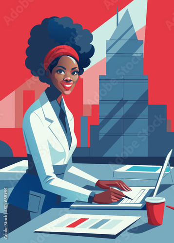 The image is a vibrant, cartoon-style illustration depicting a group of individuals, appearing to be women, engaged in various professional activities in an office or co-working environment.