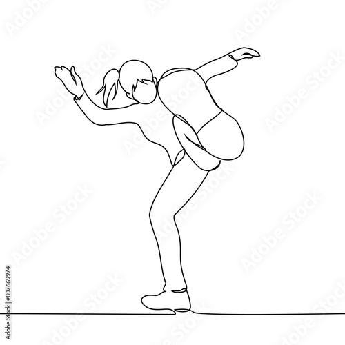 woman kicks his foot at the camera - one line art vector. concept aggressively raised her leg to kick