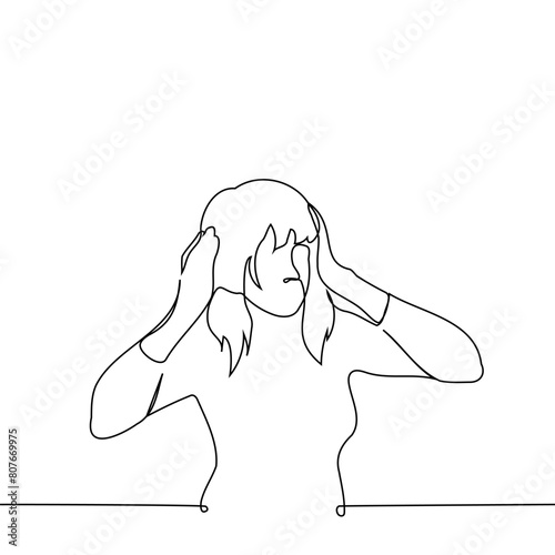 woman stands holding her head with both hands - one line art vector. concept horrified, migraine, shock