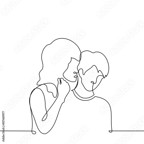 woman whispers in man ear standing behind him - one line art vector. concept of friends gossiping, couple flirting and seducing