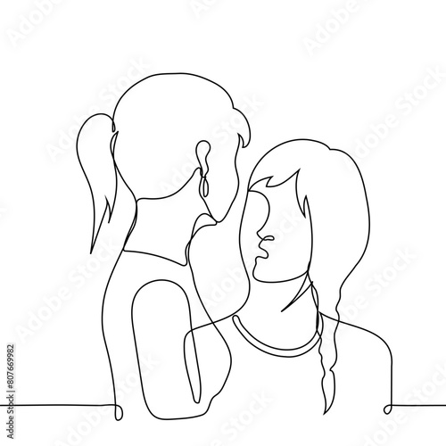 woman looks hypnotized into the face of a tall woman who is taller than her - one line art vector. concept woman in love, heed someone else's word, height difference