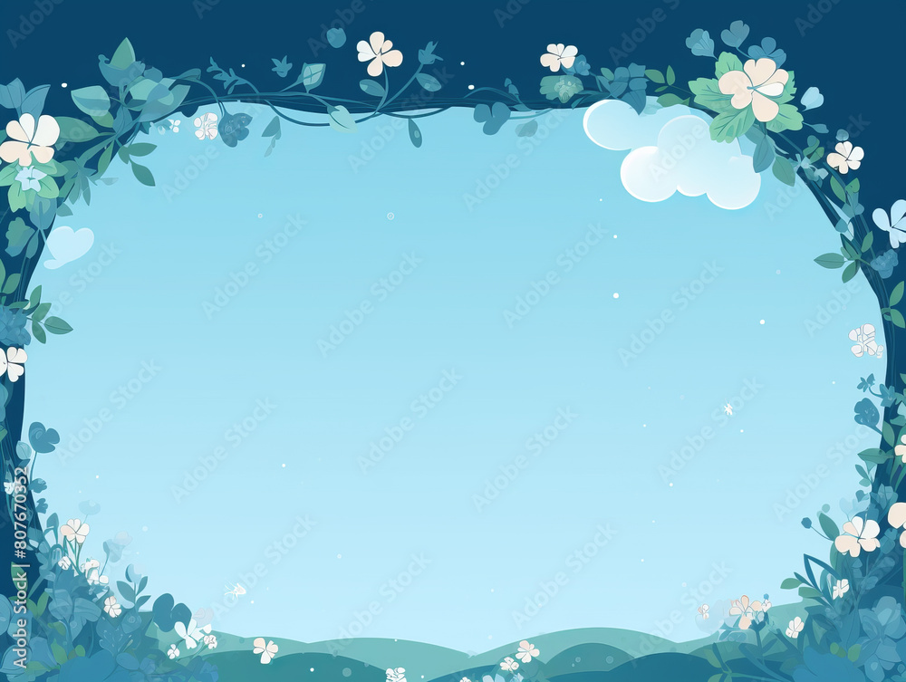 Blue sky and white clouds background decorated with green leaves and white flowers Blue sky and white clouds background decorated with green leaves and white flowers