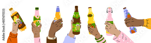 Hands hold bottles with different drinks. Fun party with friends. Celebrating a birthday, New Year or wedding. Vector illustration isolated on transparent background.