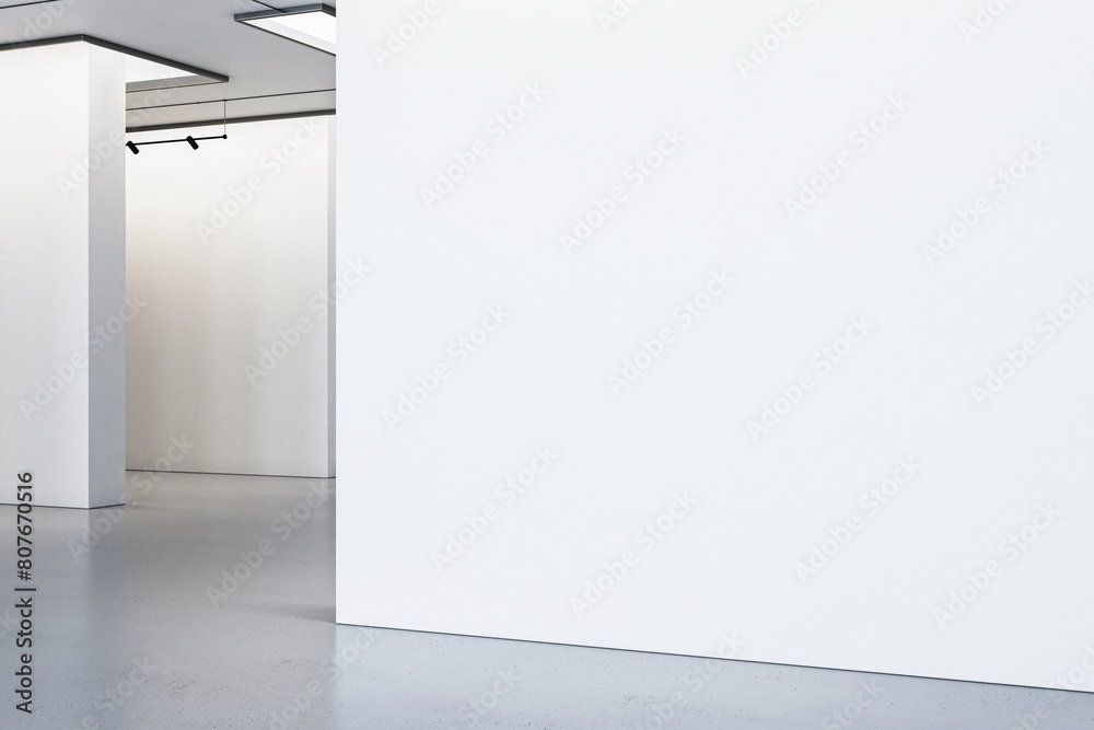 Empty white gallery space with blank walls ready for art exhibition, clean contemporary interior design on a grey floor background, 3D Rendering