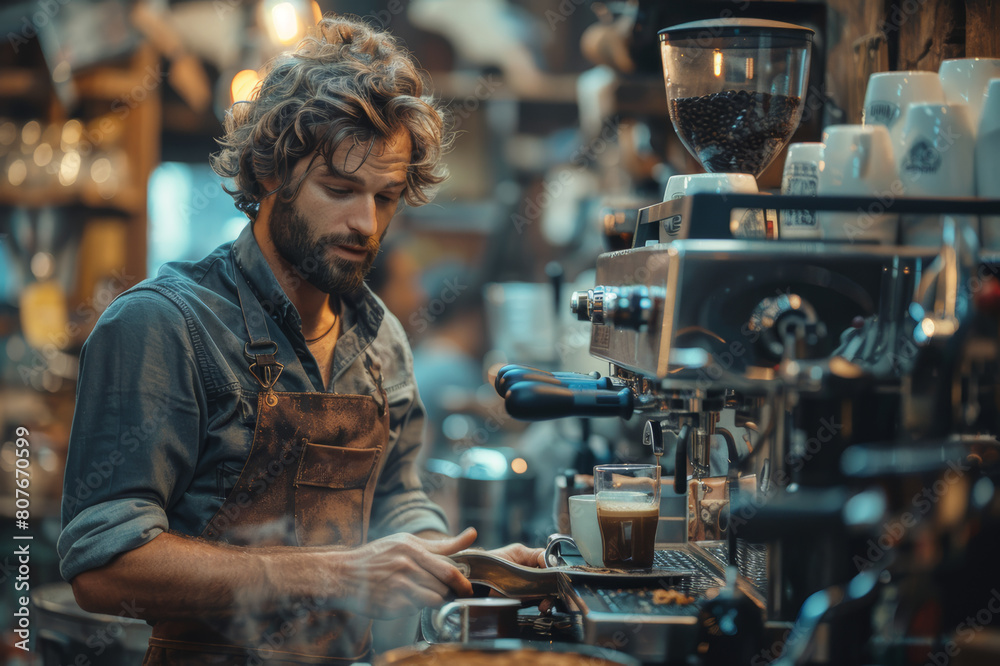 Barista creating intricate latte art in a bustling urban coffee shop. AI generated. Barista creating intricate latte art in a bustling urban coffee shop. AI generated.