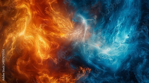 Dramatic clash of fiery red and cool blue swirls in a dynamic and intense abstract representation of elemental forces