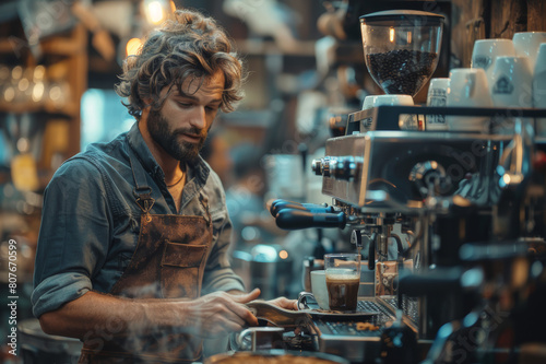 Barista creating intricate latte art in a bustling urban coffee shop. AI generated.