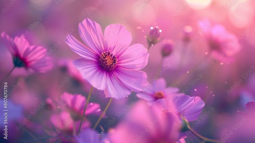 Obraz premium Calming Cosmos Blossoming: Cosmos flowers' slow bloom, calming rhythms of pink and purple.