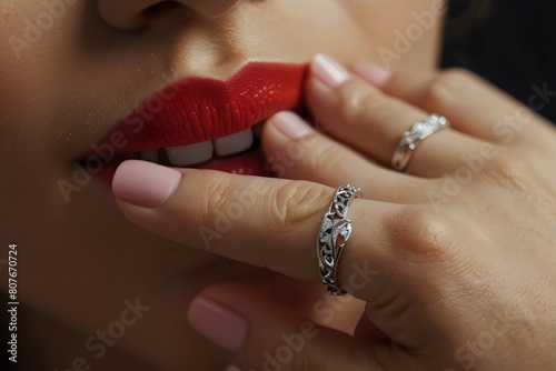 Jewelry ring mockup on woman hand closeup. Fashion beauty female lips piercing mockup