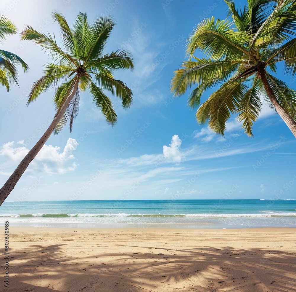 A tranquil tropical beach with palm trees swaying in the breeze, deep shadows