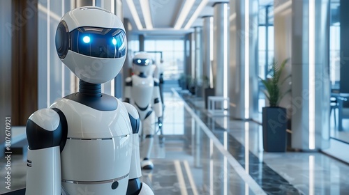 An office lobby where humanoid robots greet employees and visitors, directing them to their destinations using integrated navigation systems 