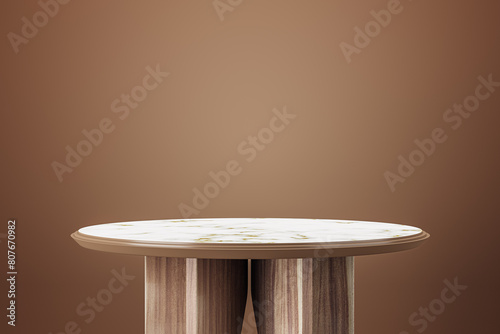Fototapeta Naklejka Na Ścianę i Meble -  Empty wooden table with mock up place for product placement on brown background. 3D Rendering.