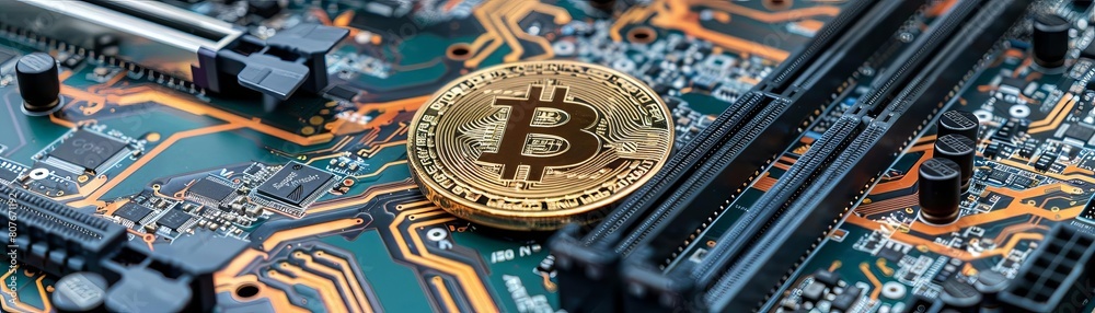 Bitcoin Cryptocurrency coin on a PC computer motherboard, crypto currency mining concept