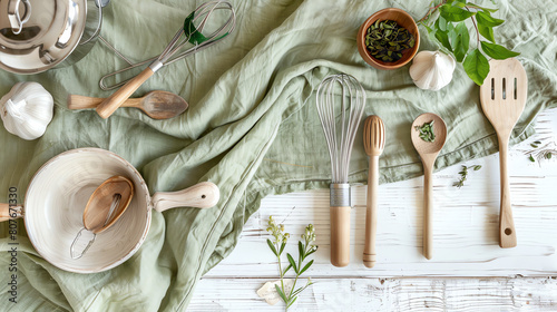 A beautiful arrangement of kitchen utensils on a rustic wooden table. The handles are made of natural wood. There is a green cloth napkin in the background.