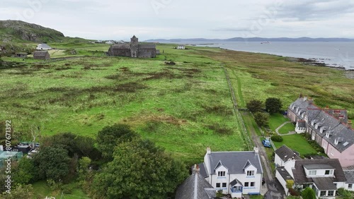 Aerial View of Iona Island Village and Abbey Nunnery Building, Homes, Landmark and Landscape, Scotland UK photo