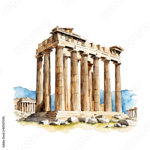 Acropolis of Aherns watercolor illustration, travel location iconic photo