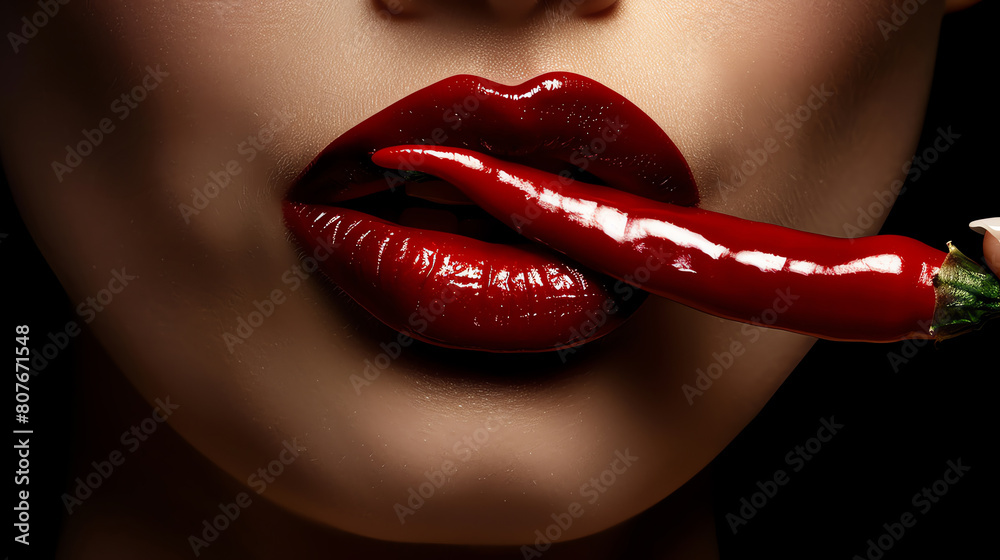 Obraz premium High-resolution image of vibrant red lips sensuously biting into a bright red chili pepper, emphasizing bold flavors and passionate cooking.