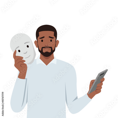 Young black man fake expression holding happy face and hiding his real sad feeling. Flat vector illustration isolated on white background