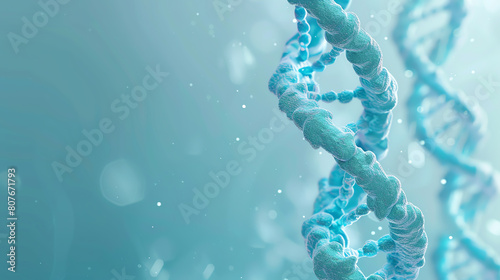 The image shows a 3D rendering of a DNA double helix. The blue and white colors represent the two strands of DNA.