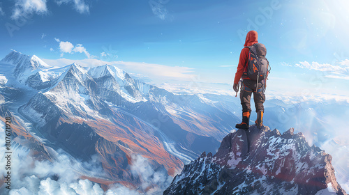 A mountain climber stands on the summit of a mountain, looking out at the view. The sky is clear, and the sun is shining. The climber is wearing a red jacket and a blue backpack.