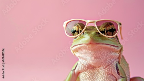 A stylish frog wearing glasses on pink background. Animal wearing sunglasses photo