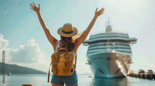 Young woman standing on pier near the docked cruise ship with raised arms. She is wearing a straw hat, denim shorts, white shirt and brown leather backpack.