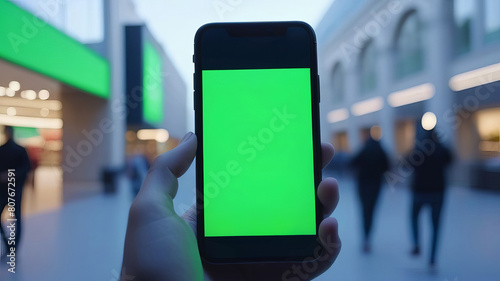 hand holds a smartphone with blank green screen in bustling shopping center corridor during the evening. mobile applications in retail environments, with the blurred background. shopping app