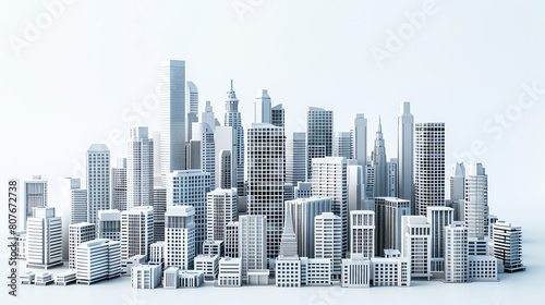 A large city with many skyscrapers. The buildings are all white and the background is white. The city is very dense and there are no trees or other greenery.