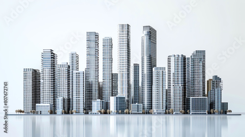 A large city with many skyscrapers. The buildings are made of glass and steel and reflect the sun. The city is very busy and there are many people walking around.