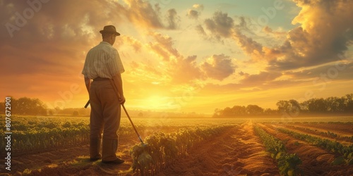 Portrait of skilled farmer standing at rice field sunset with golden ray. Smart agricultural people or researcher checking his crop while standing at farm. Agriculture sustainable concept. AIG42.