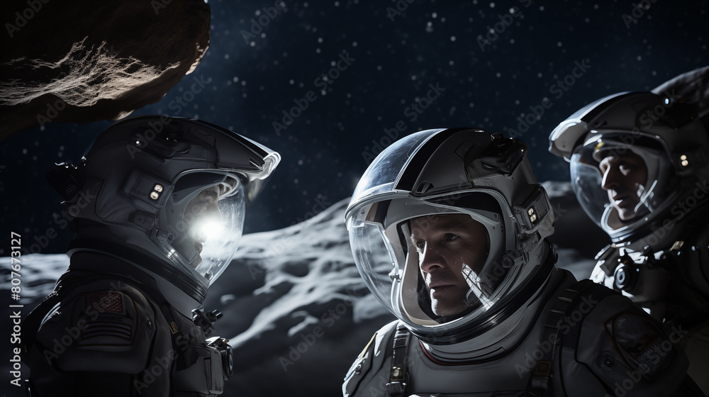 Astronauts converse on lunar surface with starry sky behind photo. Space mission image background wallpaper. Crew members cosmos photography. Space exploration concept picture realistic Astronauts converse on lunar surface with starry sky behind photo. Space mission image background wallpaper. Crew members cosmos photography. Space exploration concept picture realistic