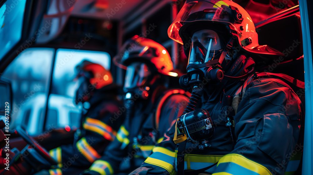 Fototapeta premium A firefighter in protective gear sits in the cab of a fire truck