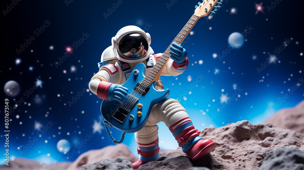 Playful astronaut with guitar rocks out amidst moonscape photo. Spaceman entertainment image background wallpaper. Space rhythm photography. Intergalactic music concept picture realistic
