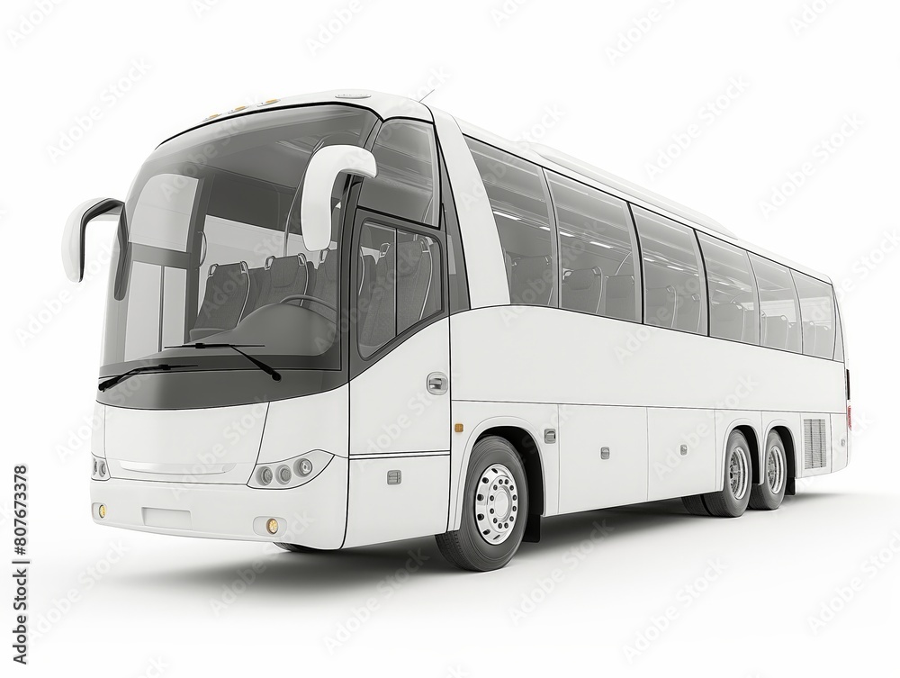 A sleek modern white coach bus for tourist travel, isolated on white with space for branding.