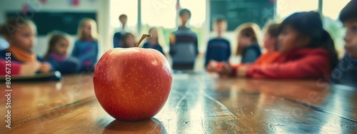Closeup of apple on table in a classroom of students learning.