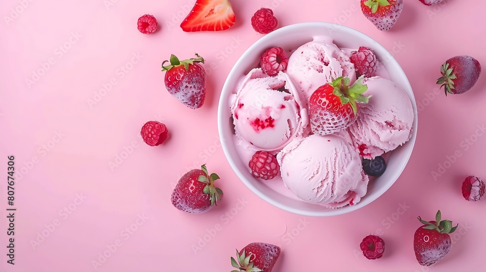 Bowl of pink strawberry ice cream and fresh berries isolated on pink background Top view : Generative AI