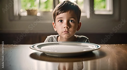 Hungry Child Facing an Empty Plate: Visualizing Starvation and Malnutrition in Kids photo