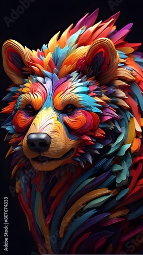 3D vector rainbow colored, wavy fractal neon bear head.