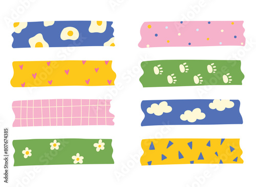 Washi tapes collection. Colourful scrapbook stripes, sticky label tags and decorative scotch strip. Border elements, paper sticker tape racy vector design