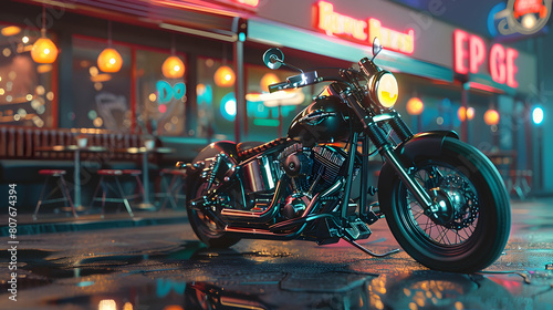 custom-built bobber motorcycle parked in front of a retro diner photo