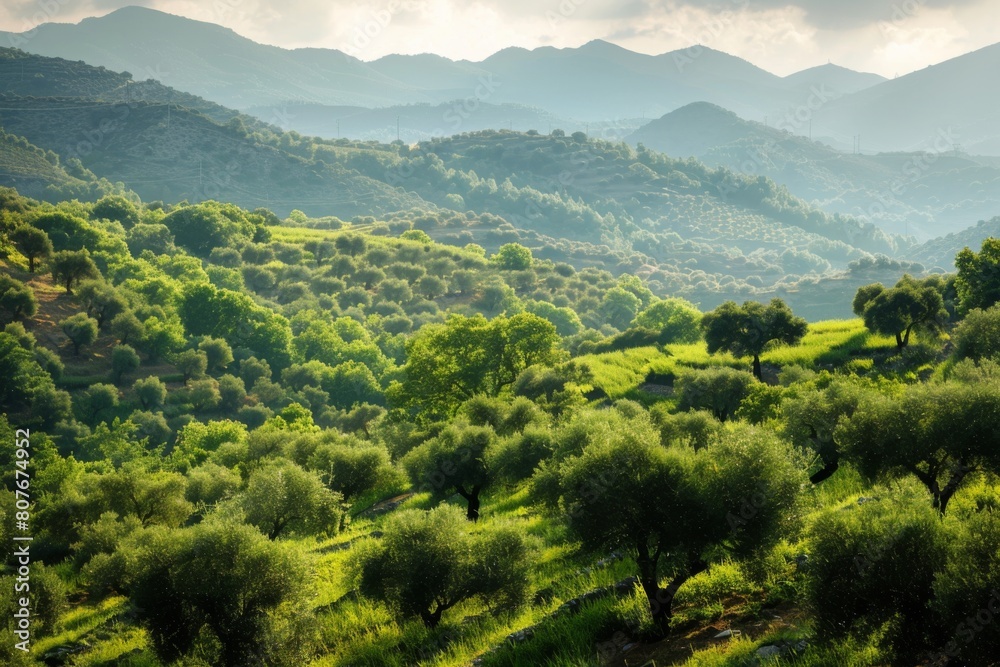 Fototapeta premium rolling hills covered with olive trees